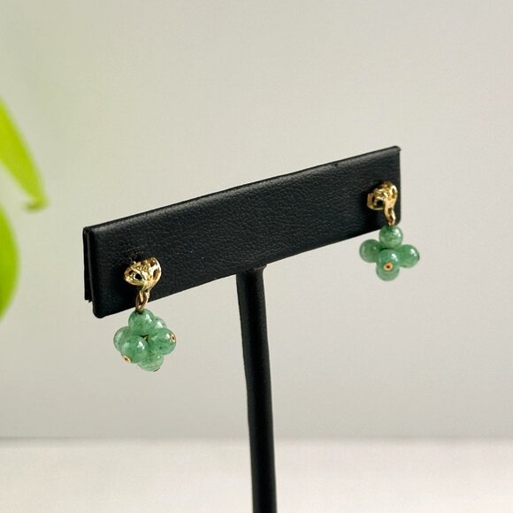 10K Gold Jade Drop Earrings, Real Green Beads - Picture 6 of 9